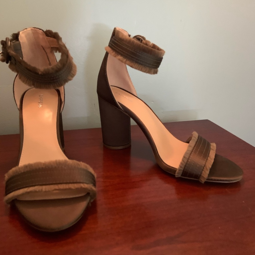 Brown satin ankle strap heels from Express